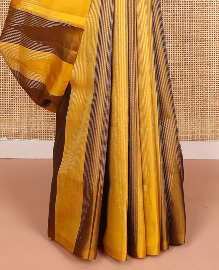 Broderless yellow striped and temple design Mayuri soft silk saree, zari woven pallu of seppu rekku designs - Image 4