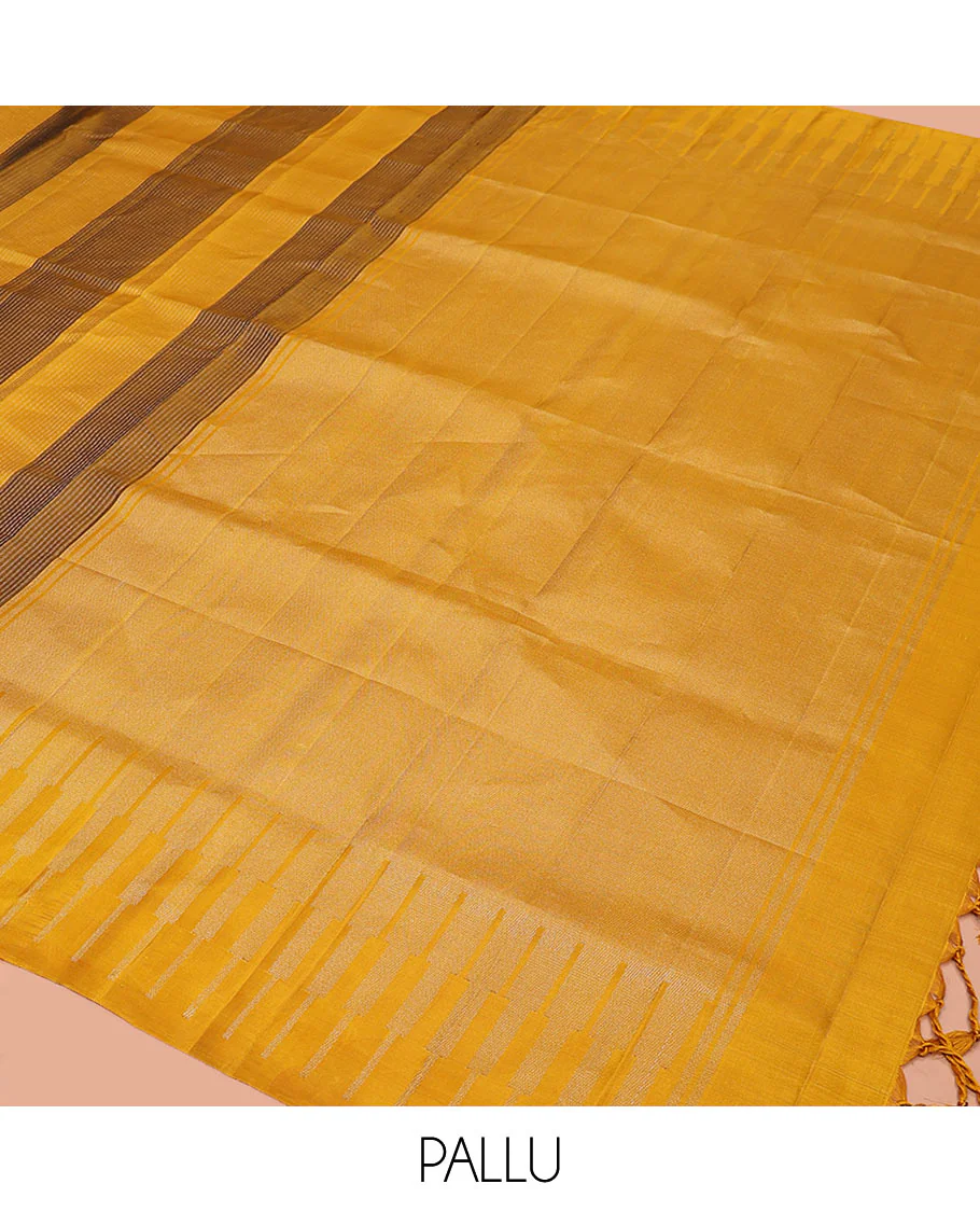 Broderless yellow striped and temple design Mayuri soft silk saree, zari woven pallu of seppu rekku designs - Image 5
