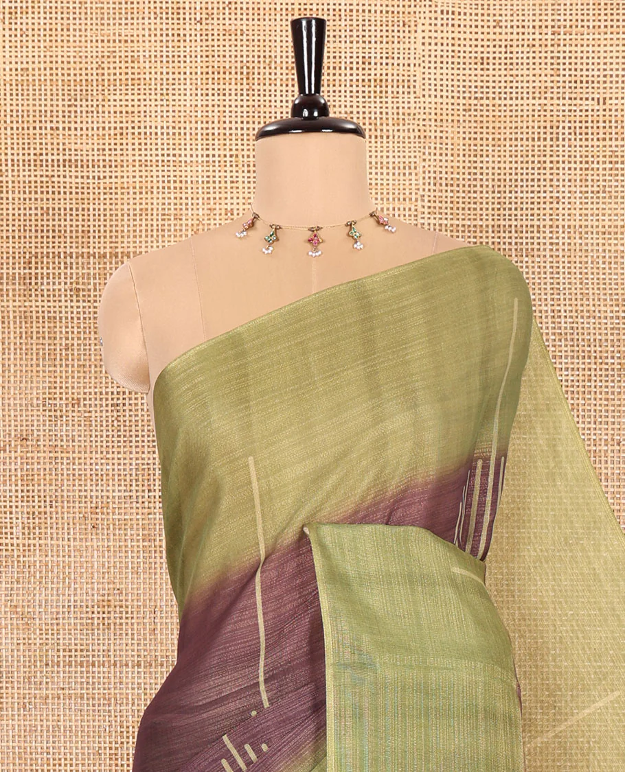 Brown and Olive Green Linen Saree Elegantly Printed with Geometric Patterns Across Its Body, Featuring a Captivating Contrast Border, Pallu Decked Up with Geometric Print, and Paired with a Contrast Blouse - Image 2