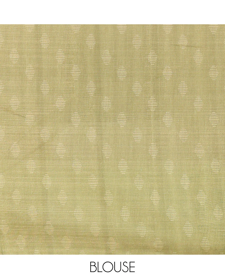 Brown and Olive Green Linen Saree Elegantly Printed with Geometric Patterns Across Its Body, Featuring a Captivating Contrast Border, Pallu Decked Up with Geometric Print, and Paired with a Contrast Blouse - Image 3