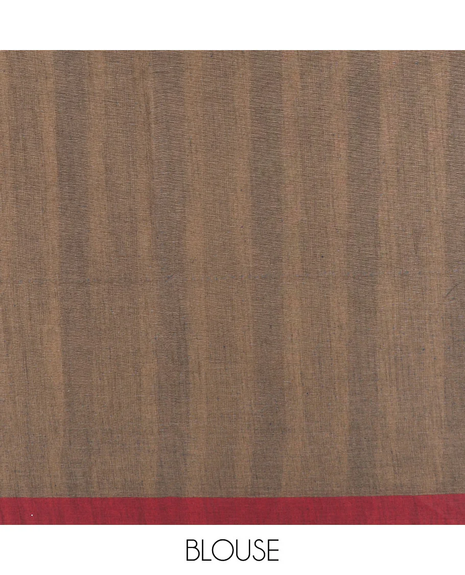 Brown and sandal striped jute cotton saree, contrast striped border, and striped pallu - Image 2