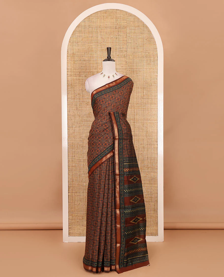 Brown argyle Ajrakh-style printed Muslin cotton saree, zari border, geometric printed pallu & argyle printed blouse - Image 2