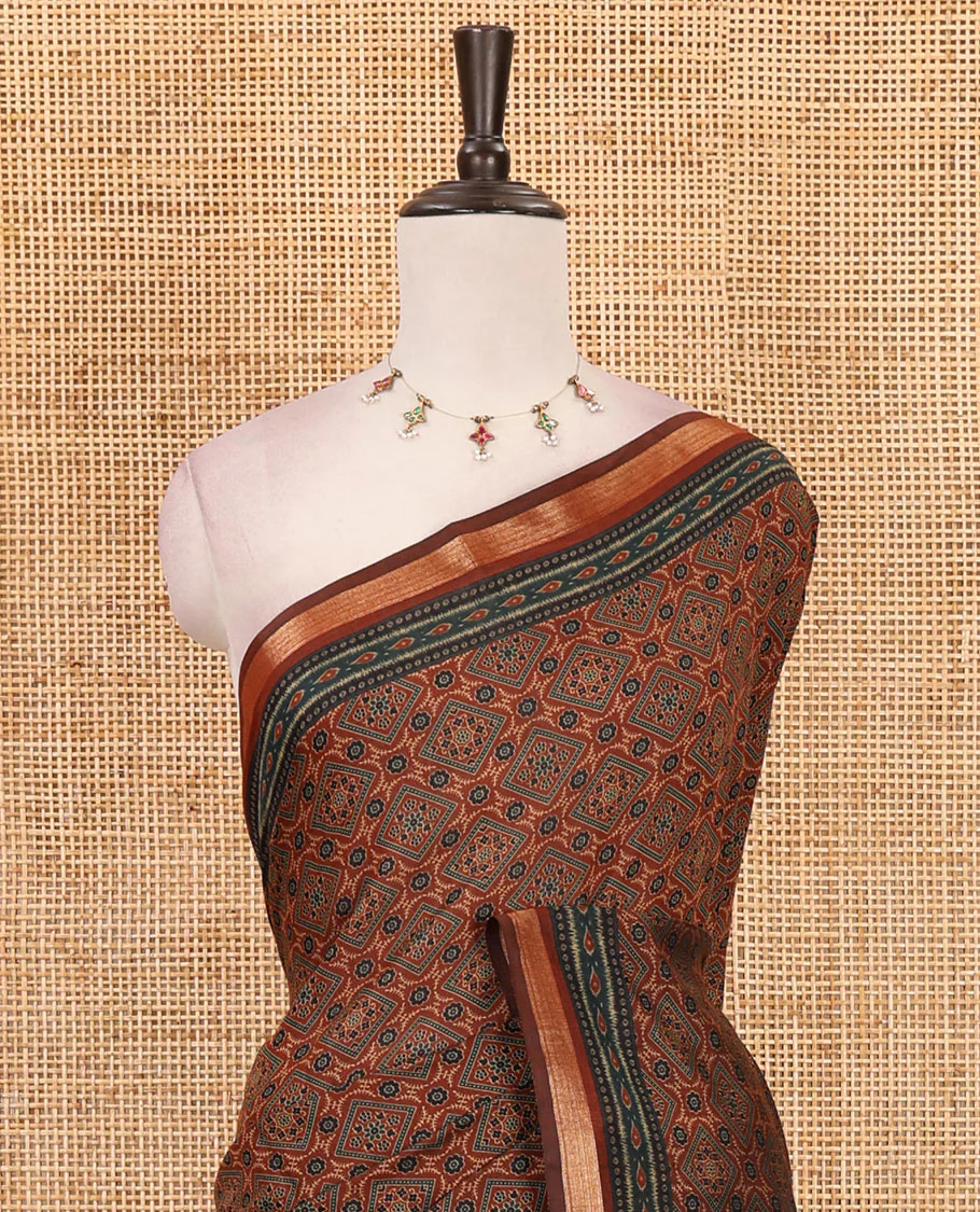 Brown argyle Ajrakh-style printed Muslin cotton saree, zari border, geometric printed pallu & argyle printed blouse - Image 3