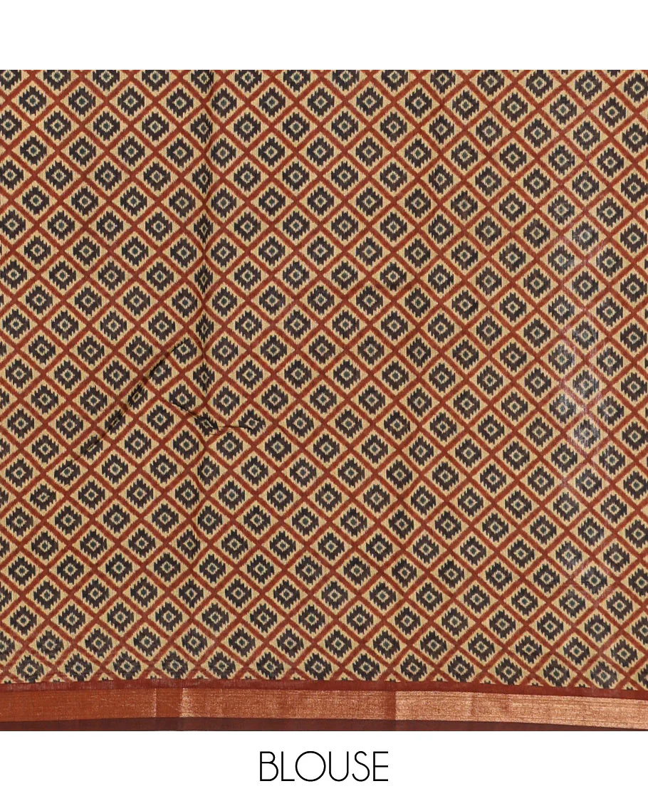 Brown argyle Ajrakh-style printed Muslin cotton saree, zari border, geometric printed pallu & argyle printed blouse - Image 4