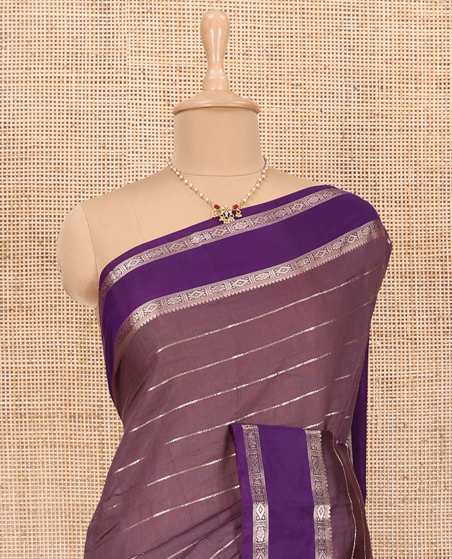 Brown Assam Silk Saree Embellished with Zari Stripes, Complemented with a Contrast Traditional Design Border, Zari-Elevated Pallu, and Paired with a Contrast Blouse - Image 3