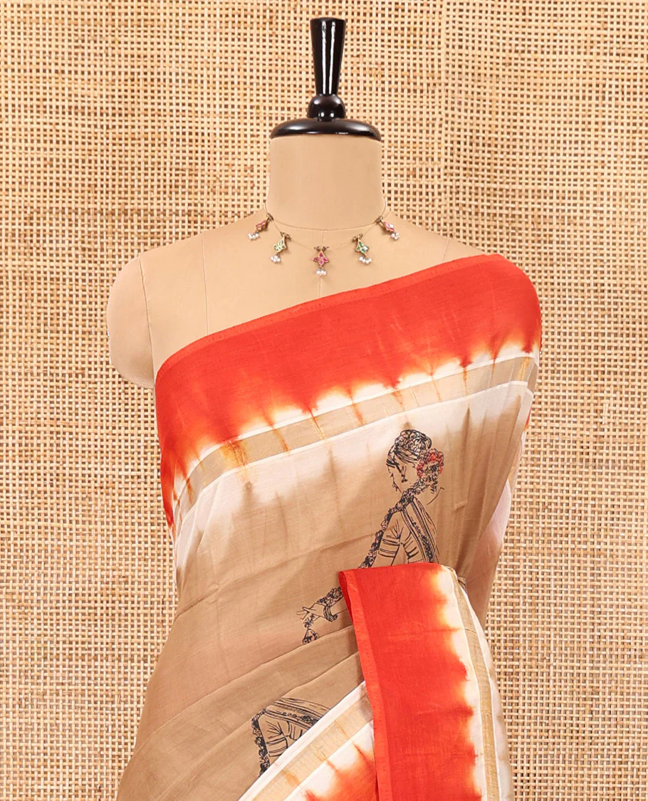 Brown Authentic South Indian women motifs printed chennur silk saree, contrast plain border, printed pallu, and a contrast plain blouse - Image 3