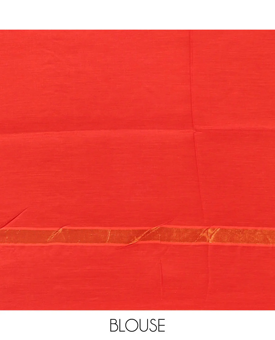 Brown Authentic South Indian women motifs printed chennur silk saree, contrast plain border, printed pallu, and a contrast plain blouse - Image 4