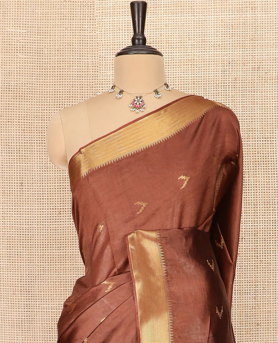 Brown Banana Pith Saree Decorated with Zari Temple Buttas, Delicately Woven Temple Zari Border, Gleaming Zari Pallu of Horizontal Stripes in Zari, and Paired with a Matching Plain Blouse - Image 2