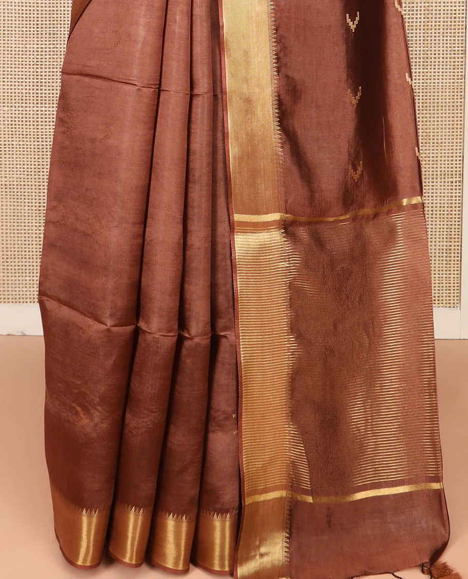 Brown Banana Pith Saree Decorated with Zari Temple Buttas, Delicately Woven Temple Zari Border, Gleaming Zari Pallu of Horizontal Stripes in Zari, and Paired with a Matching Plain Blouse - Image 4