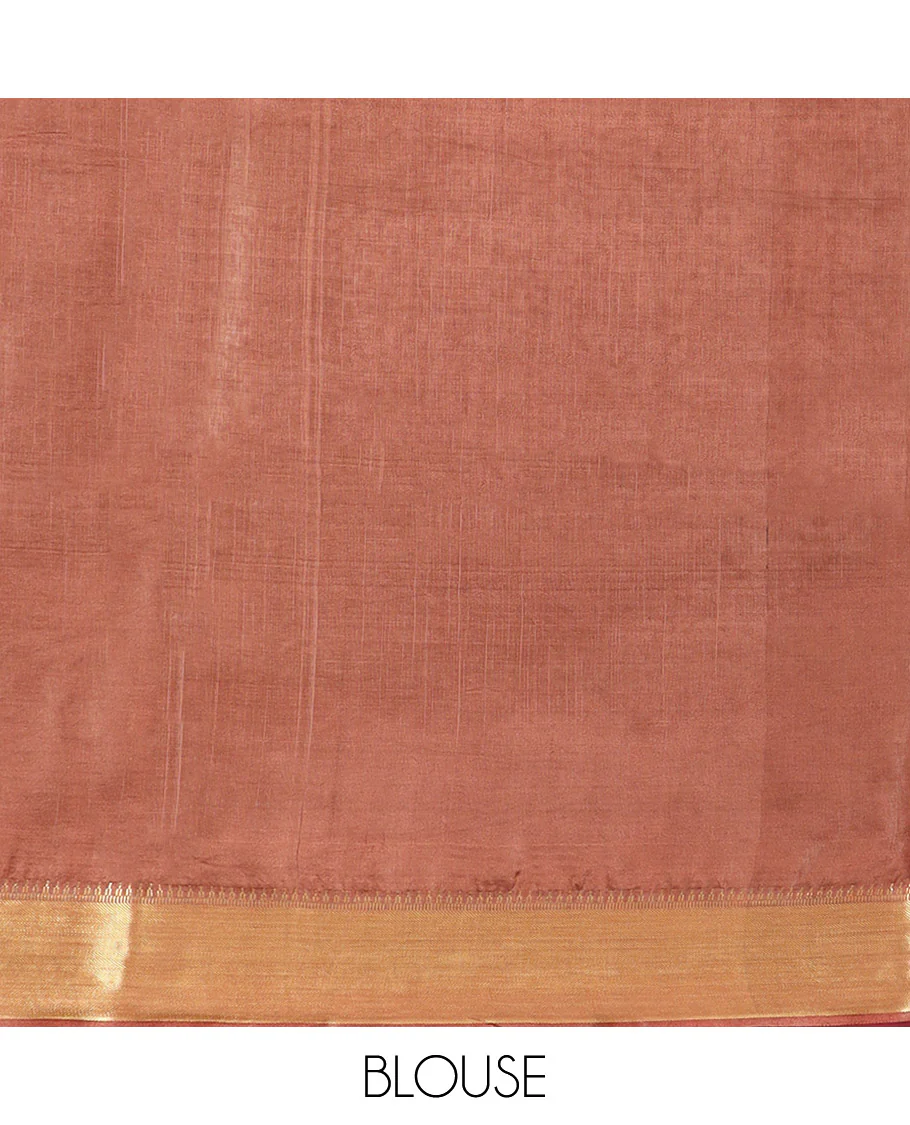 Brown Banana Pith Saree Decorated with Zari Temple Buttas, Delicately Woven Temple Zari Border, Gleaming Zari Pallu of Horizontal Stripes in Zari, and Paired with a Matching Plain Blouse - Image 5