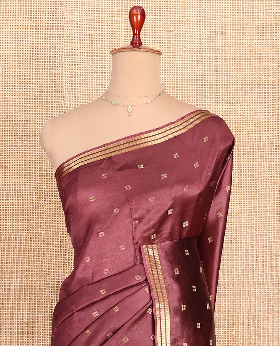 Brown Banana Pith Saree Finely Woven with Square-Shaped Zari Buttas, Subtly Woven Zari Piping Border, Pallu Gleamed Up with Zari Stripes, and Paired with a Matching Blouse - Image 2