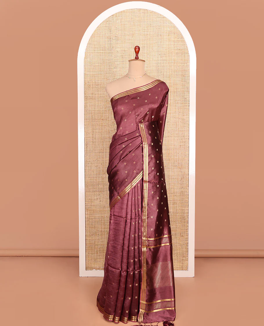 Brown Banana Pith Saree Finely Woven with Square-Shaped Zari Buttas, Subtly Woven Zari Piping Border, Pallu Gleamed Up with Zari Stripes, and Paired with a Matching Blouse - Image 3