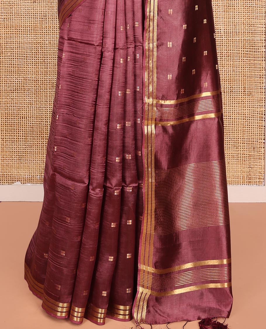 Brown Banana Pith Saree Finely Woven with Square-Shaped Zari Buttas, Subtly Woven Zari Piping Border, Pallu Gleamed Up with Zari Stripes, and Paired with a Matching Blouse - Image 4