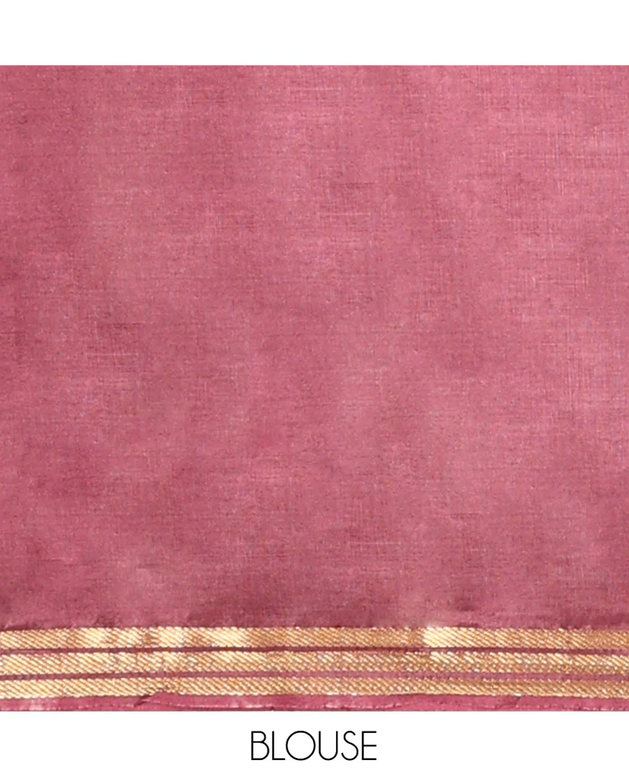 Brown Banana Pith Saree Finely Woven with Square-Shaped Zari Buttas, Subtly Woven Zari Piping Border, Pallu Gleamed Up with Zari Stripes, and Paired with a Matching Blouse - Image 5
