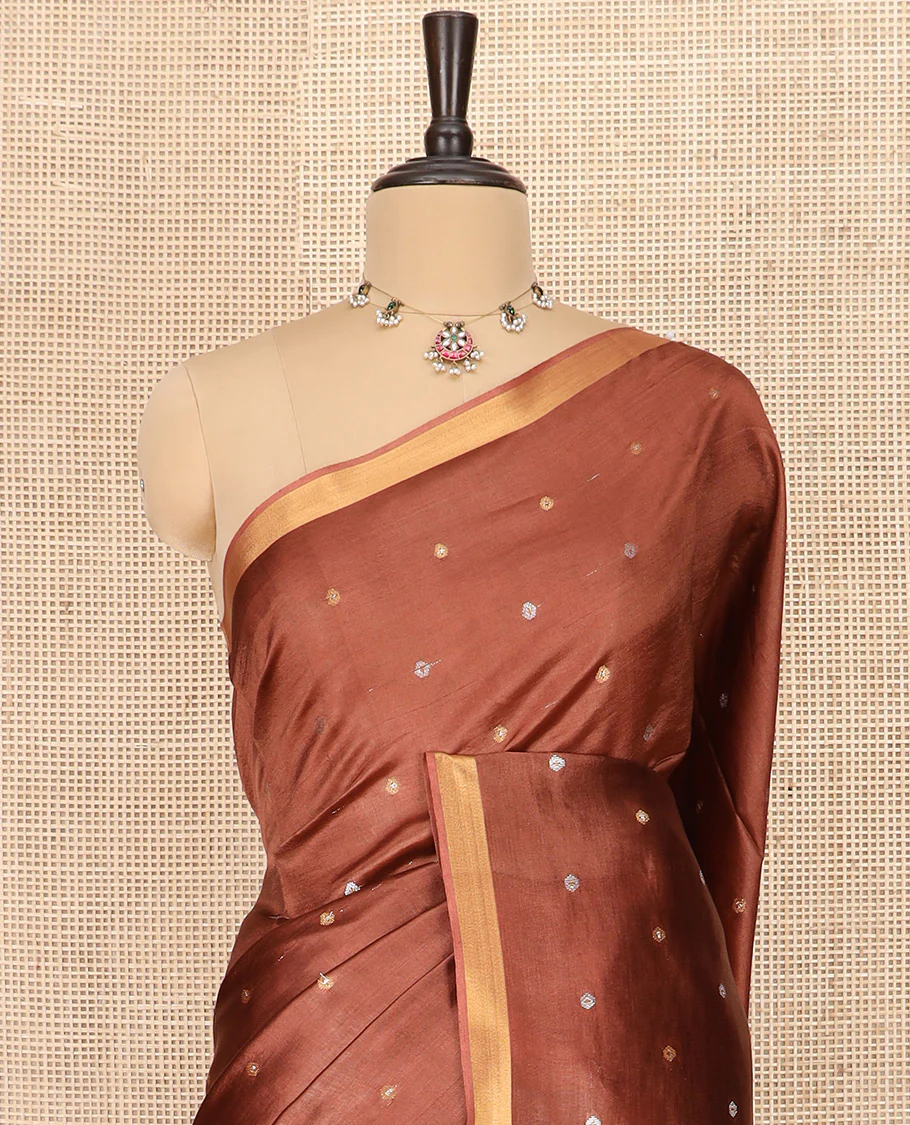 Brown Banana Pith Saree Highlighted with Zari Buttas, Subtly Woven Piping Border, Pallu of Zari Stripes, and Paired with a Matching Plain Blouse - Image 2