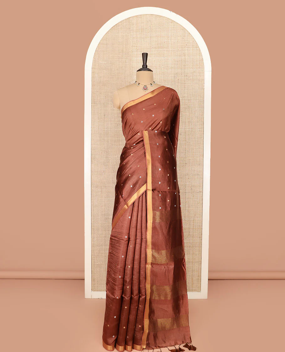 Brown Banana Pith Saree Highlighted with Zari Buttas, Subtly Woven Piping Border, Pallu of Zari Stripes, and Paired with a Matching Plain Blouse - Image 3