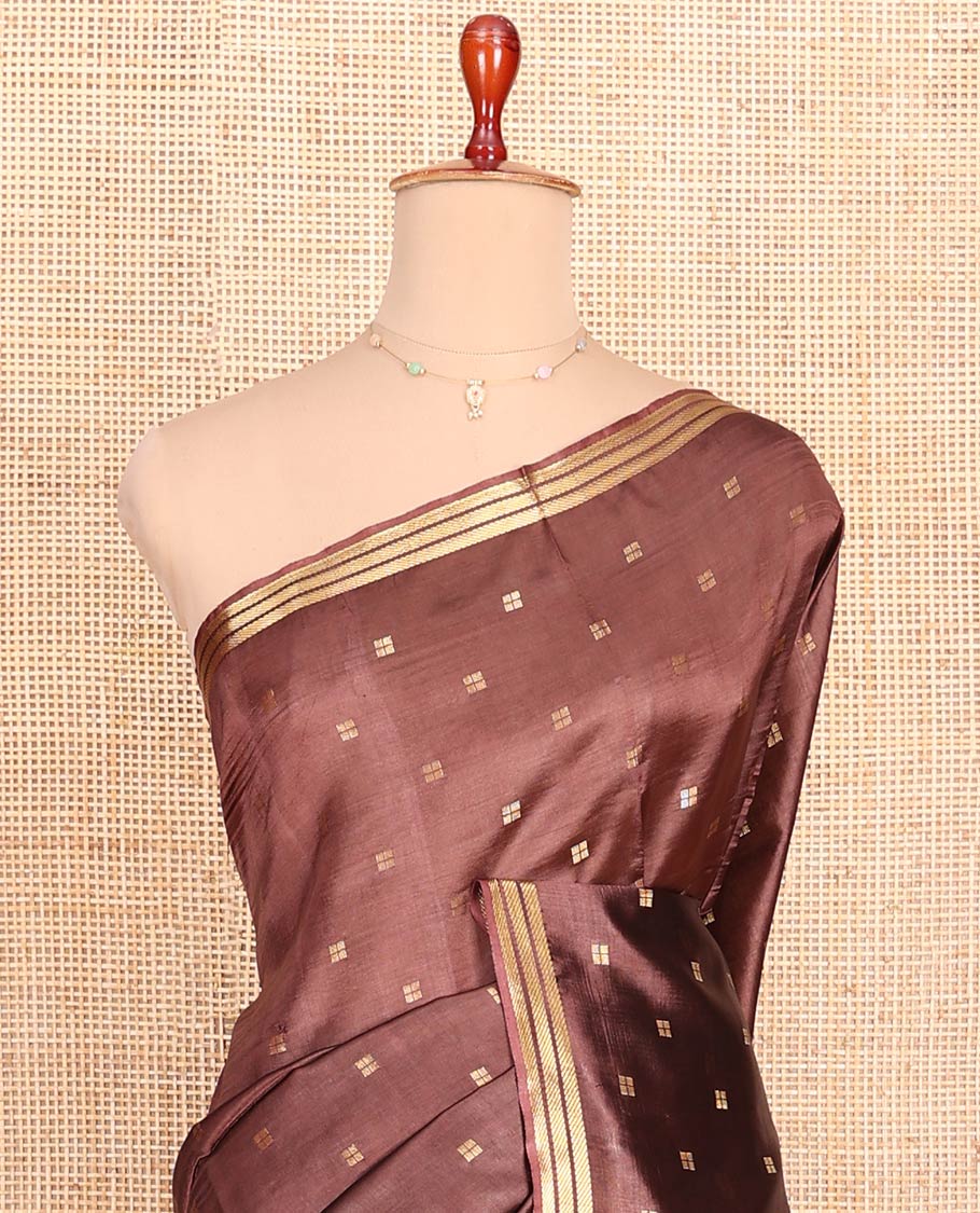 Brown Banana Pith Saree Mesmerized with Square-Shaped Zari Buttas, Subtly Woven Zari Piping Border, Pallu Gleamed Up with Zari Stripes, and Paired with a Matching Blouse - Image 2