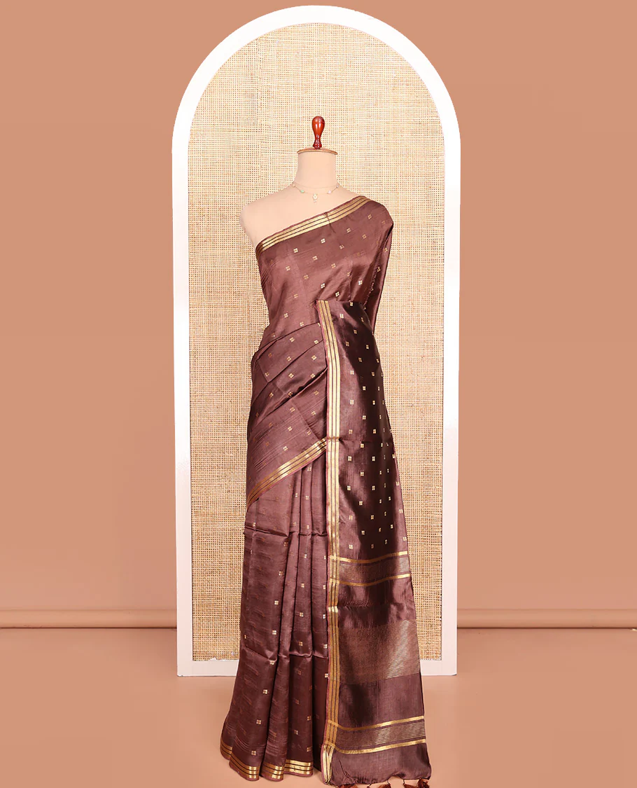 Brown Banana Pith Saree Mesmerized with Square-Shaped Zari Buttas, Subtly Woven Zari Piping Border, Pallu Gleamed Up with Zari Stripes, and Paired with a Matching Blouse - Image 3