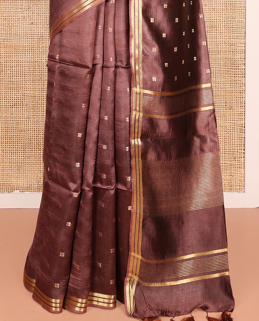 Brown Banana Pith Saree Mesmerized with Square-Shaped Zari Buttas, Subtly Woven Zari Piping Border, Pallu Gleamed Up with Zari Stripes, and Paired with a Matching Blouse - Image 4