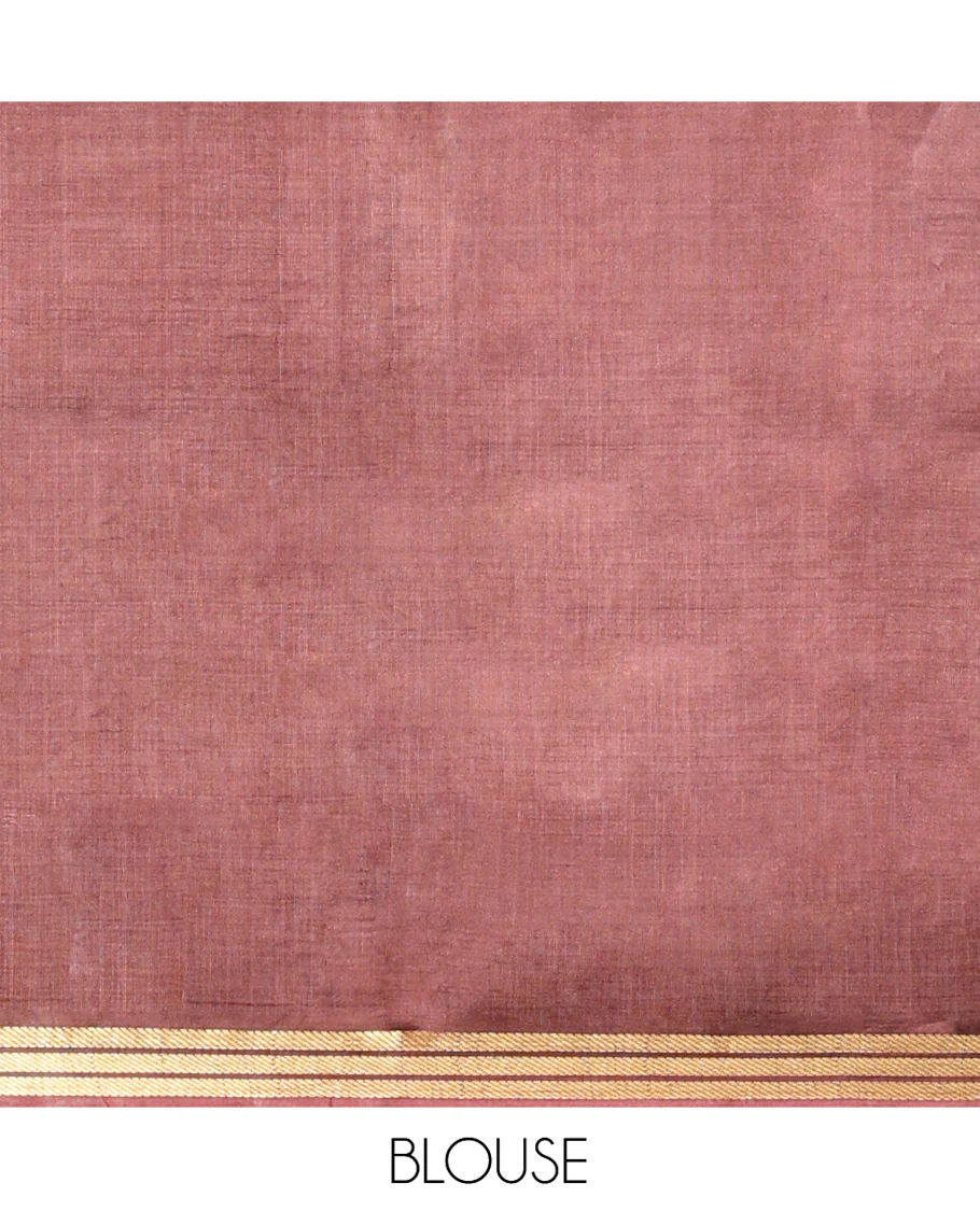 Brown Banana Pith Saree Mesmerized with Square-Shaped Zari Buttas, Subtly Woven Zari Piping Border, Pallu Gleamed Up with Zari Stripes, and Paired with a Matching Blouse - Image 5