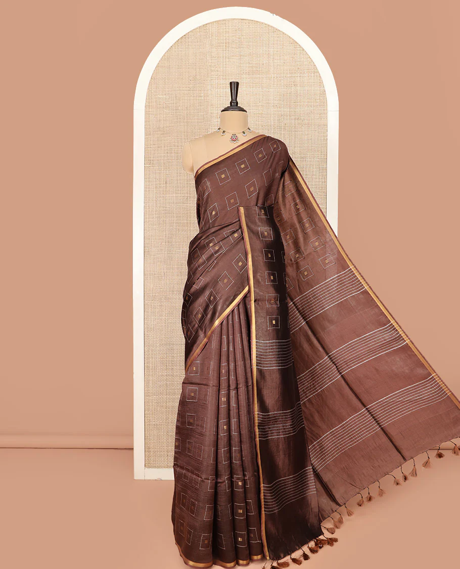 Brown Banana Pith Saree Woven with Zari Buttas Enclosed Squares, Subtly Woven Piping Border, Pallu of Stripes, and Paired with a Matching Plain Blouse