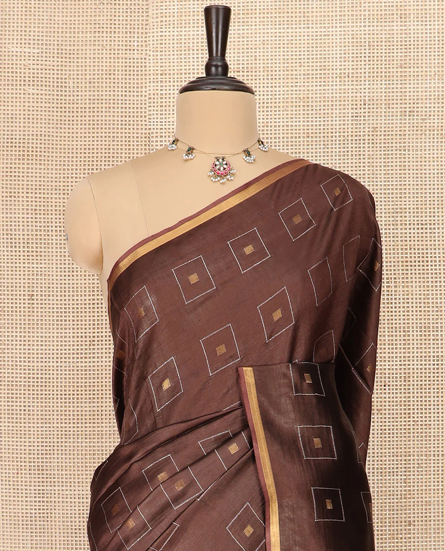Brown Banana Pith Saree Woven with Zari Buttas Enclosed Squares, Subtly Woven Piping Border, Pallu of Stripes, and Paired with a Matching Plain Blouse - Image 2
