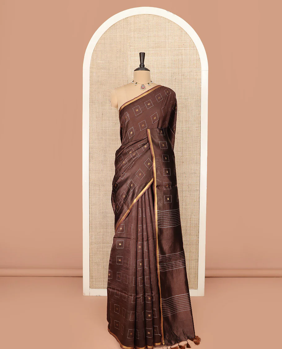 Brown Banana Pith Saree Woven with Zari Buttas Enclosed Squares, Subtly Woven Piping Border, Pallu of Stripes, and Paired with a Matching Plain Blouse - Image 3