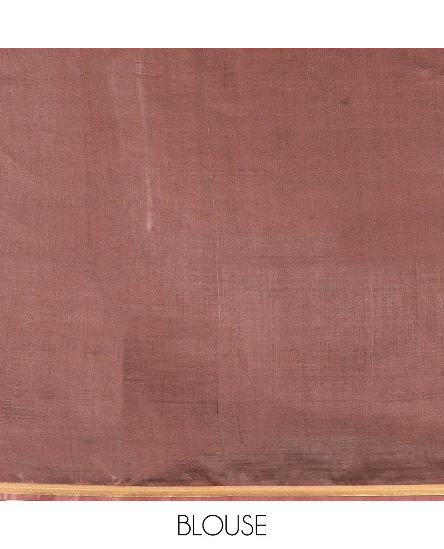 Brown Banana Pith Saree Woven with Zari Buttas Enclosed Squares, Subtly Woven Piping Border, Pallu of Stripes, and Paired with a Matching Plain Blouse - Image 5