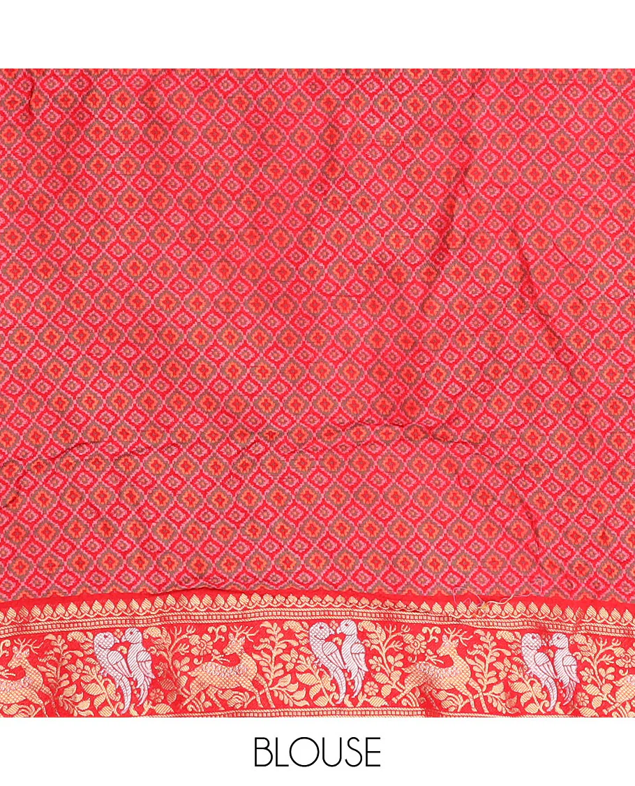 Brown bandhani dots and zari buttas bandhani silk saree, contrast flora-fauna motifs woven border, and patola elephant enclosed ogee patterned pallu - Image 3
