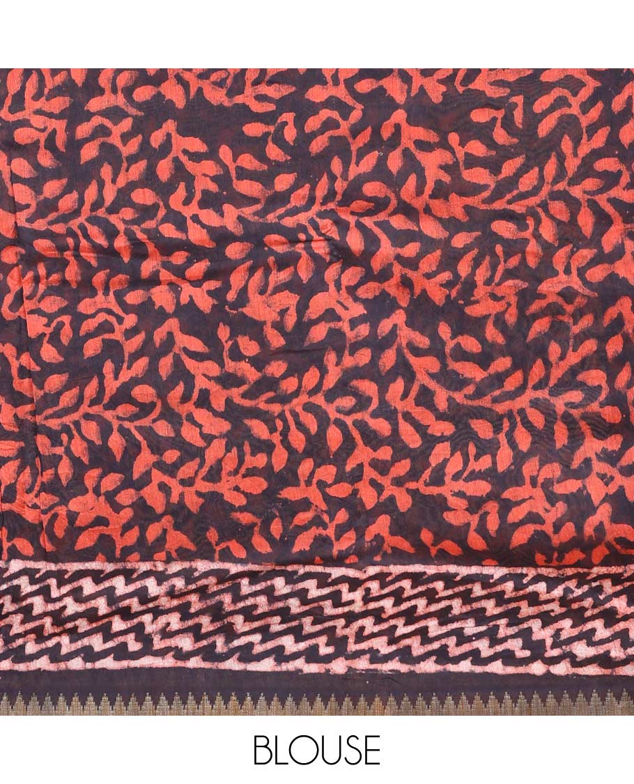 Brown batik style ogee printed mul mul cotton saree, batik printed border, and pallu of geometric print - Image 3