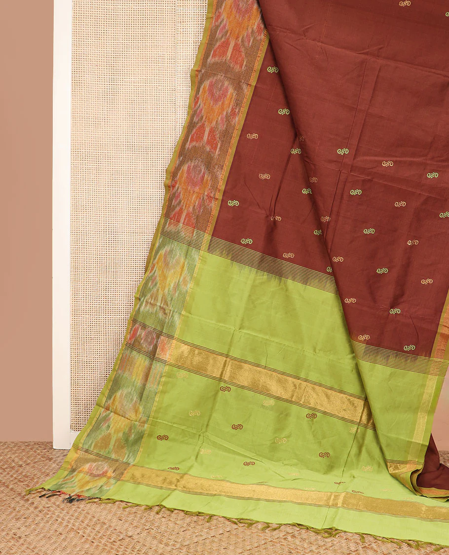 Brown buttas ploy cotton saree, contrast ikkat border, and pallu of stripes and buttas - Image 2