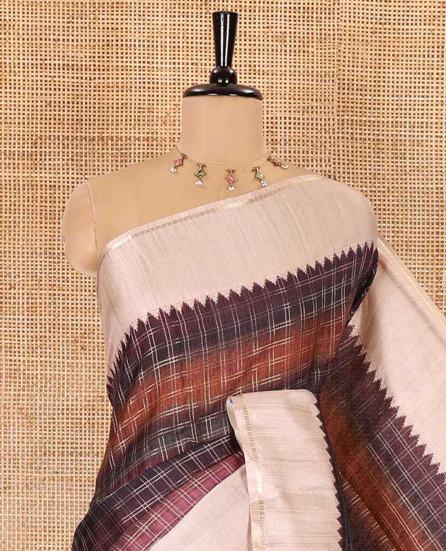 Brown checked semi-tussar saree, contrast temple border, contrast plain pallu, and a contrast plain blouse - Image 2