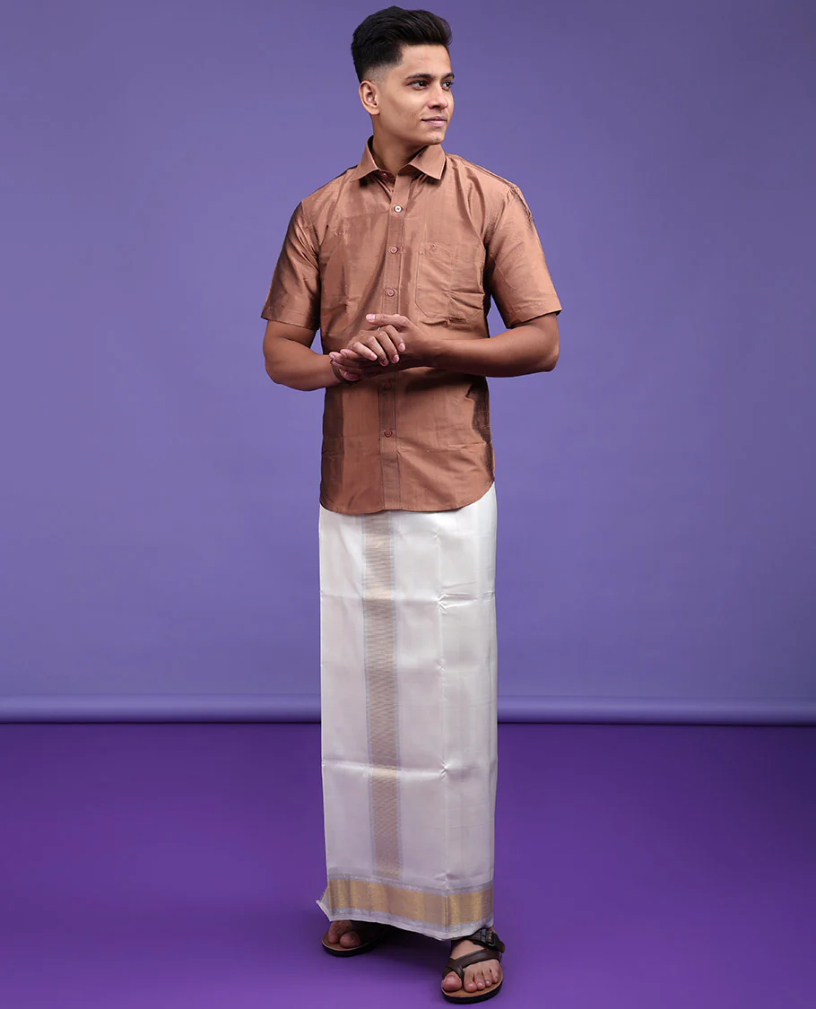 Brown color plain design half-sleeve pure-silk shirt - Image 10