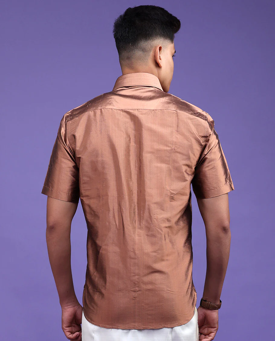 Brown color plain design half-sleeve pure-silk shirt - Image 12