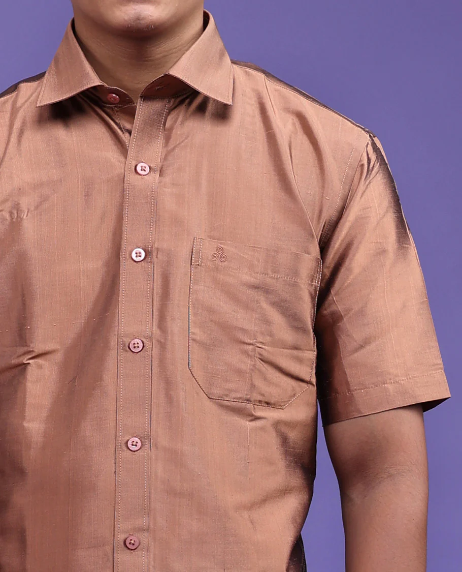 Brown color plain design half-sleeve pure-silk shirt - Image 14