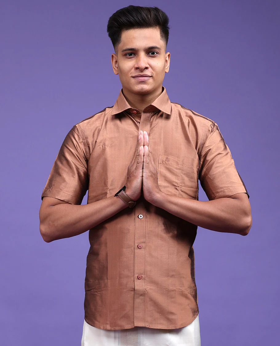 Brown color plain design half-sleeve pure-silk shirt - Image 15