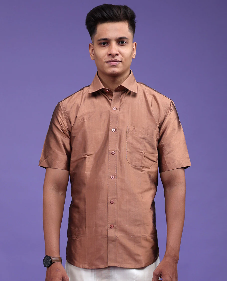 Brown color plain design half-sleeve pure-silk shirt - Image 7