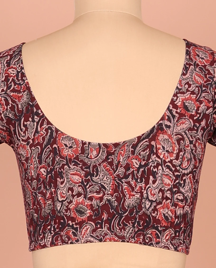 Brown Cotton Readymade Blouse Bedecked with All-Over Floral and Paisley Vine Print, Featuring a Front Round Neck, Back Round Neck, and Elbow Sleeves - Image 4