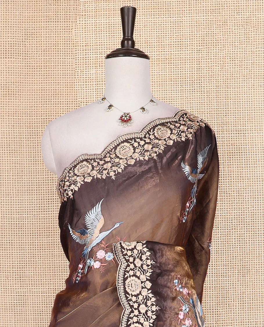 Brown crane and floral motifs thread embroidered designer saree, scallop floral thread embroidered border, and embroidered pallu - Image 3