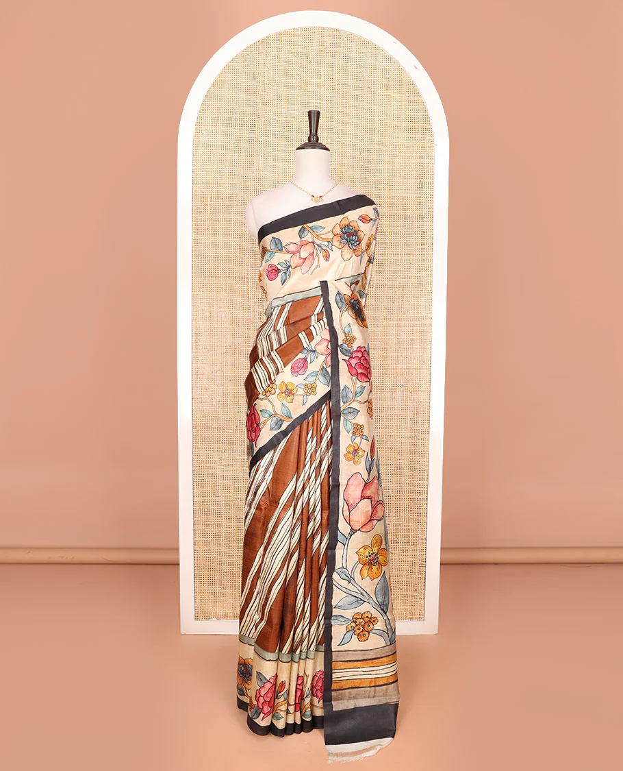 Brown diagonal stripes printed saree, contrast floral creeper printed border, and floral printed pallu - Image 3