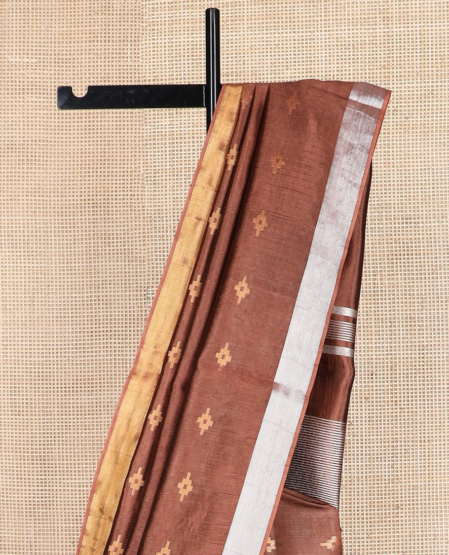Brown diamond buttas banana pith saree, silver and gold bavanji border, and zari striped pallu - Image 3