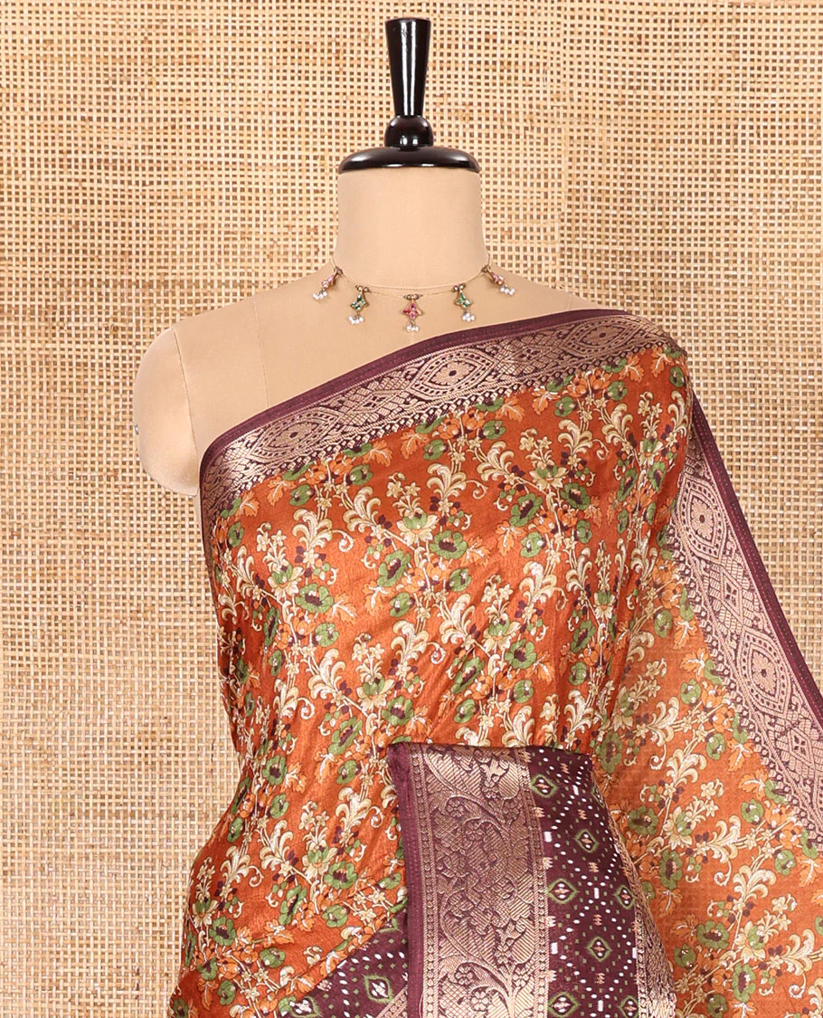 Brown Dola Silk Saree Enlivened with Floral Prints All Over the Body, Complemented by a Contrast Border Featuring Zari and Ikkat Designs, with a Pallu Decked in Ikkat and Floral Prints, Paired with a Contrast Blouse - Image 2