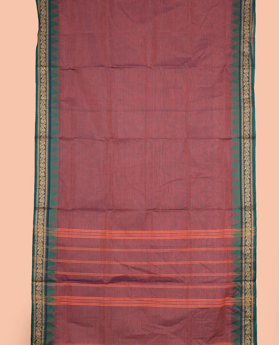 Brown dual-toned plain nine-yard cotton saree, contrast traditional temple border, and striped pallu - Image 2