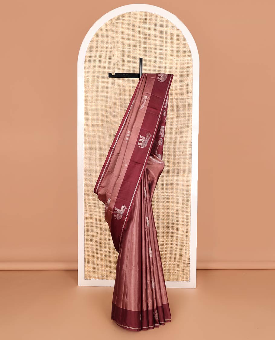 Brown elephant buttas Mayuri soft silk saree, contrast elephant buttas border, and pallu steeped with elephant buttas