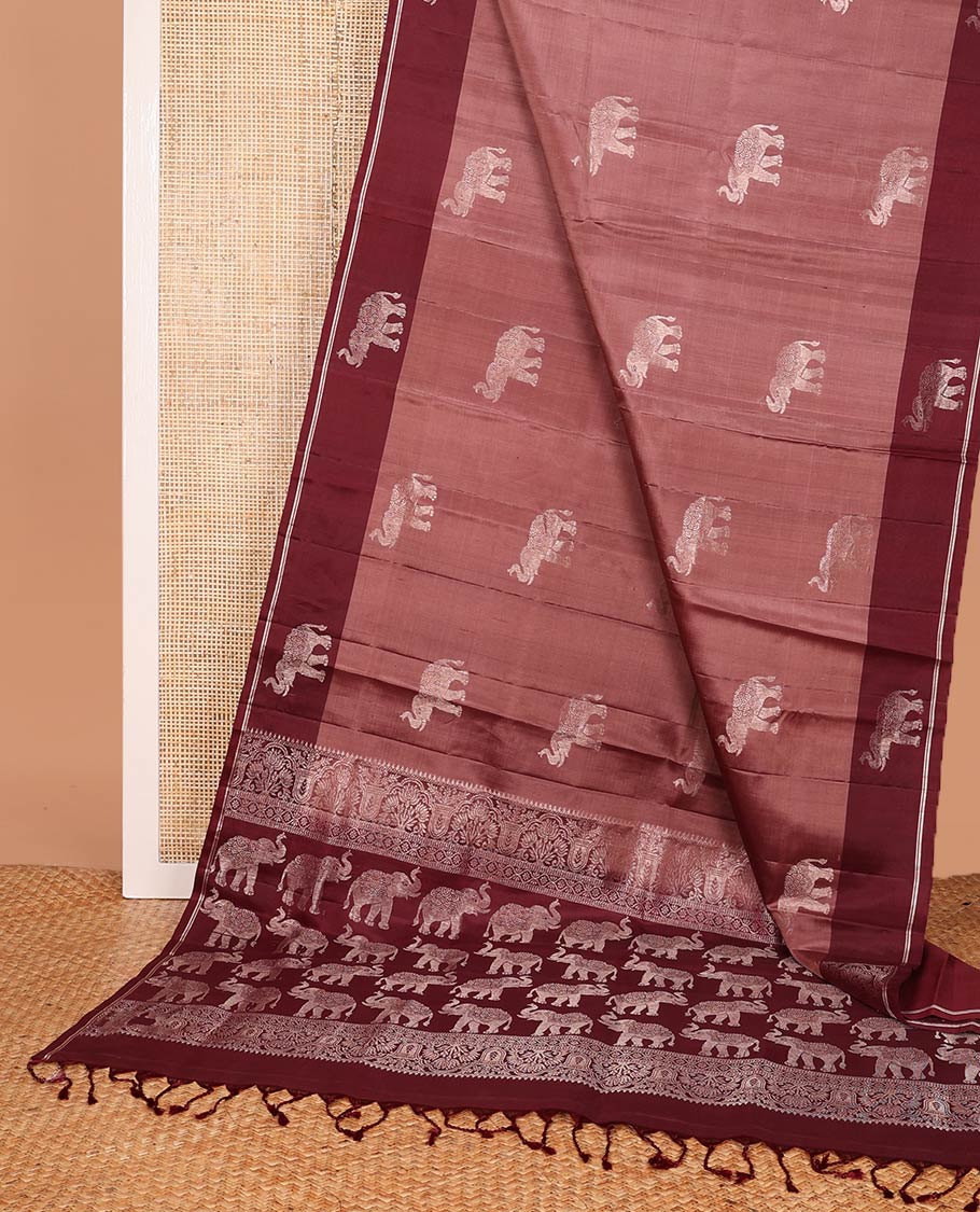Brown elephant buttas Mayuri soft silk saree, contrast elephant buttas border, and pallu steeped with elephant buttas - Image 3