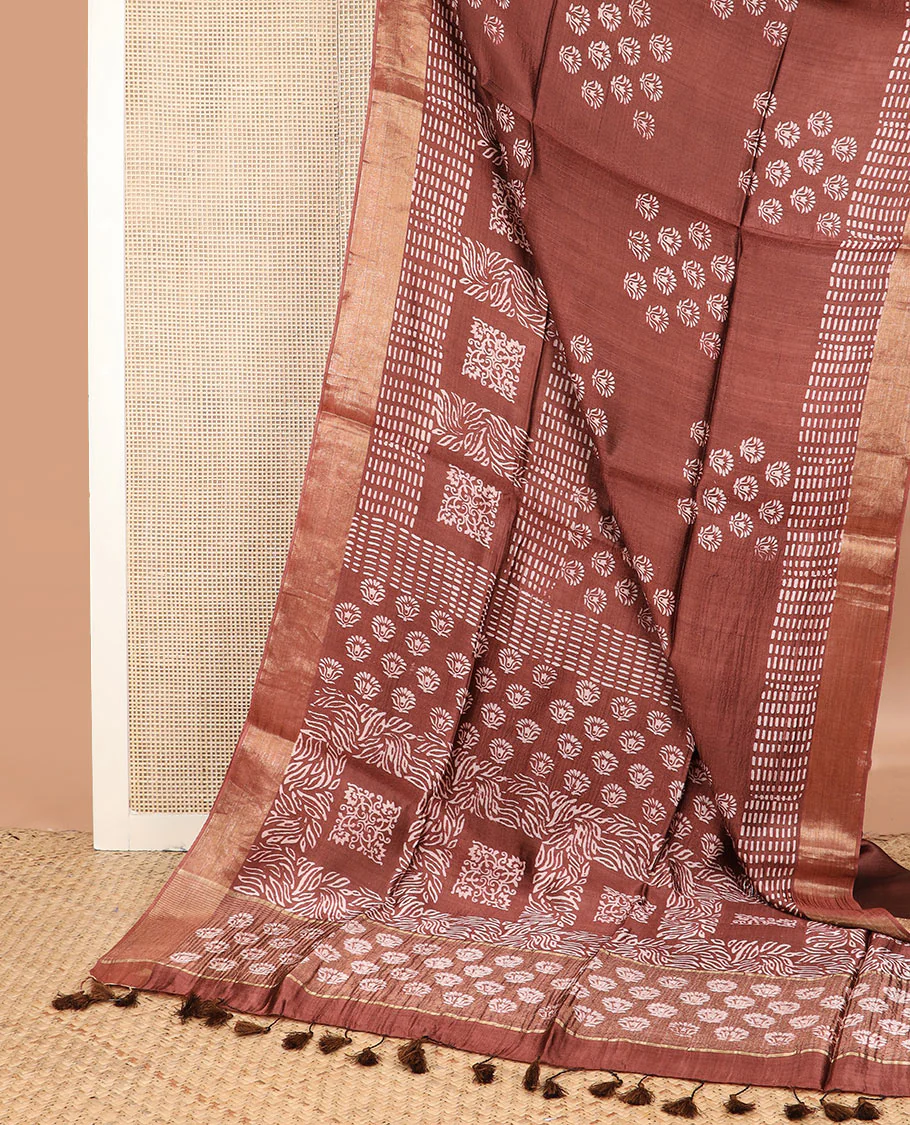 Brown floral and geometric printed banana pith saree, zari border, and printed pallu - Image 2