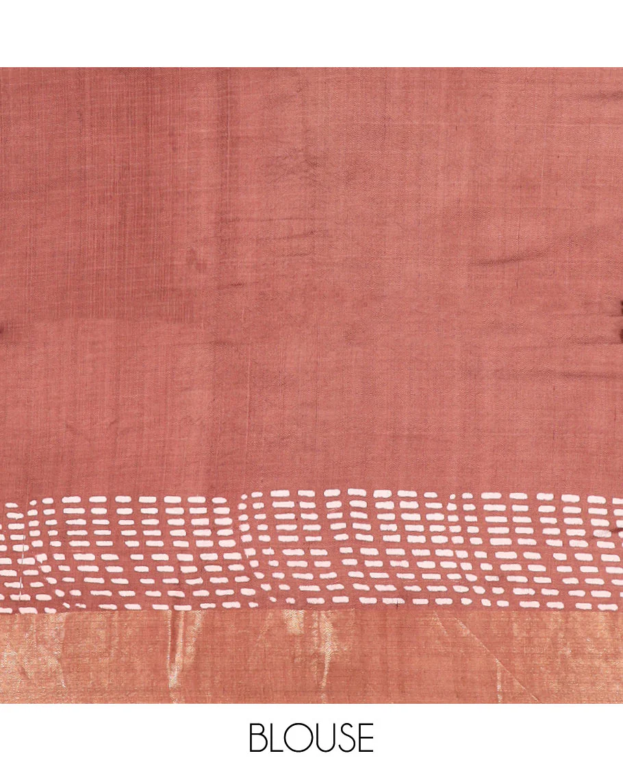 Brown floral and geometric printed banana pith saree, zari border, and printed pallu - Image 5