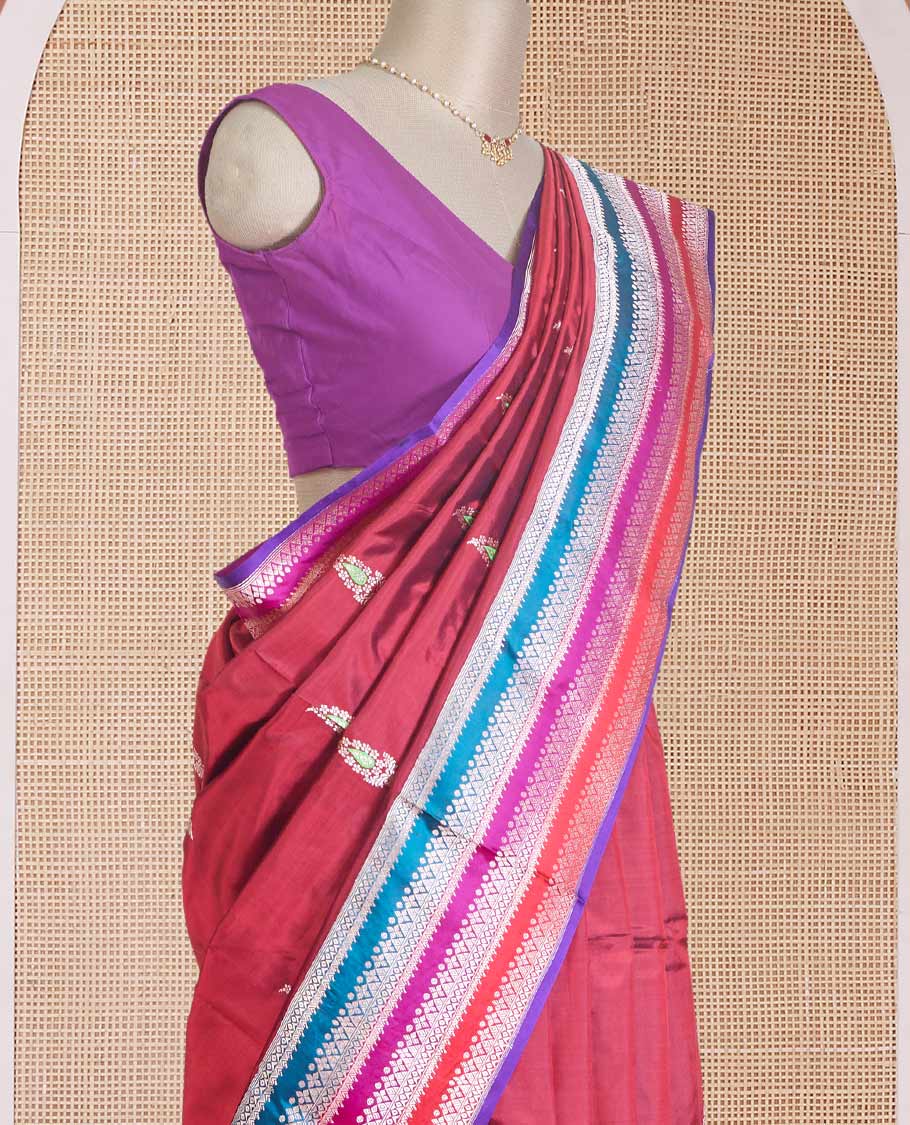 Maroon floral buttas Banarasi kathan silk saree, contrast traditional zari design meenakari border, and intricate pallu - Image 3