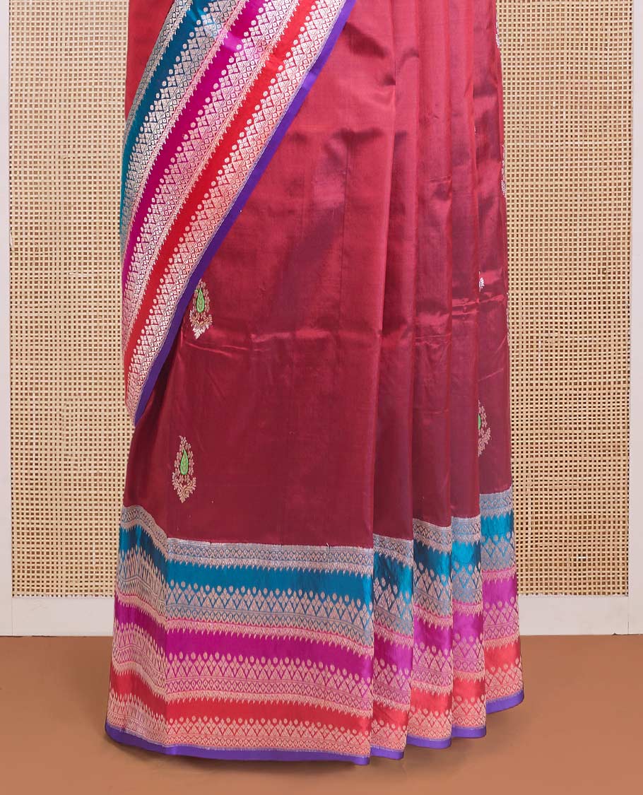 Maroon floral buttas Banarasi kathan silk saree, contrast traditional zari design meenakari border, and intricate pallu - Image 5