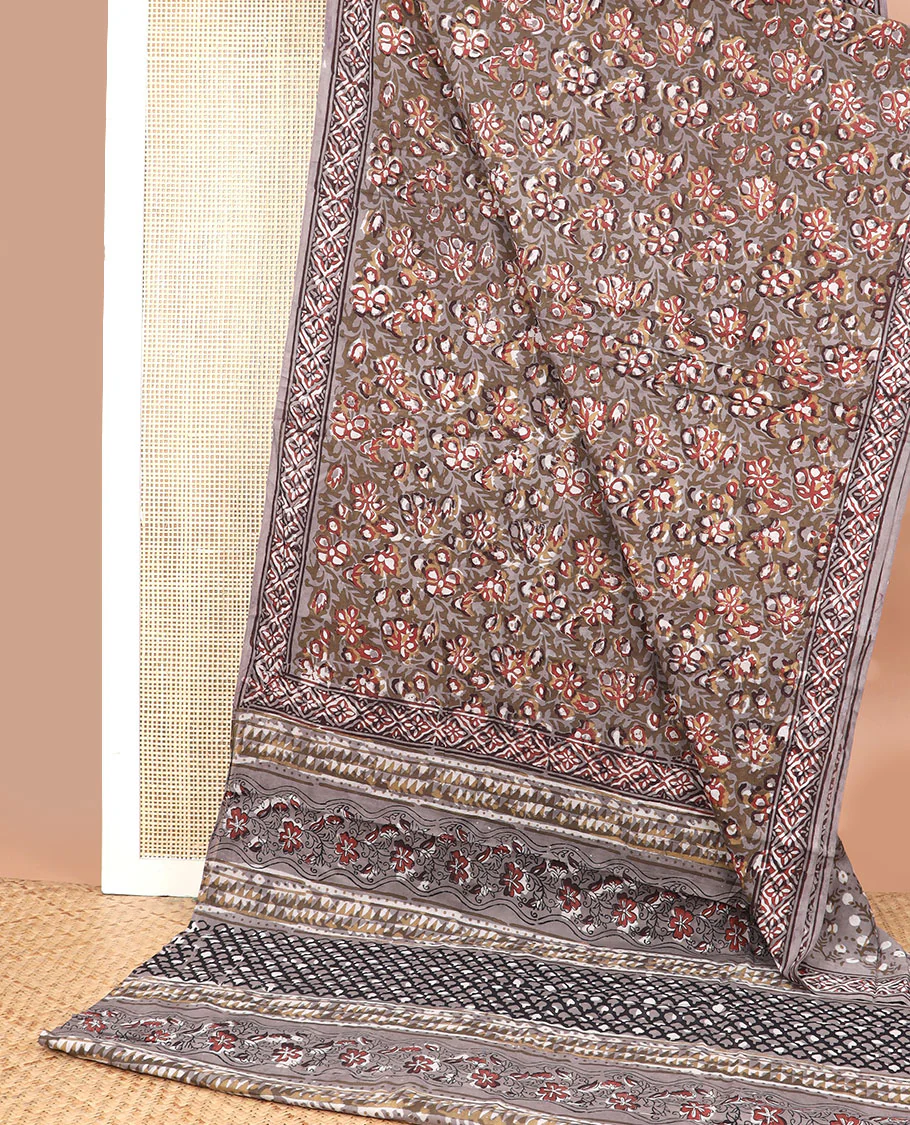 Brown floral design machine printed kalamkari cotton saree with contrast floral border & argyle design pallu - Image 2